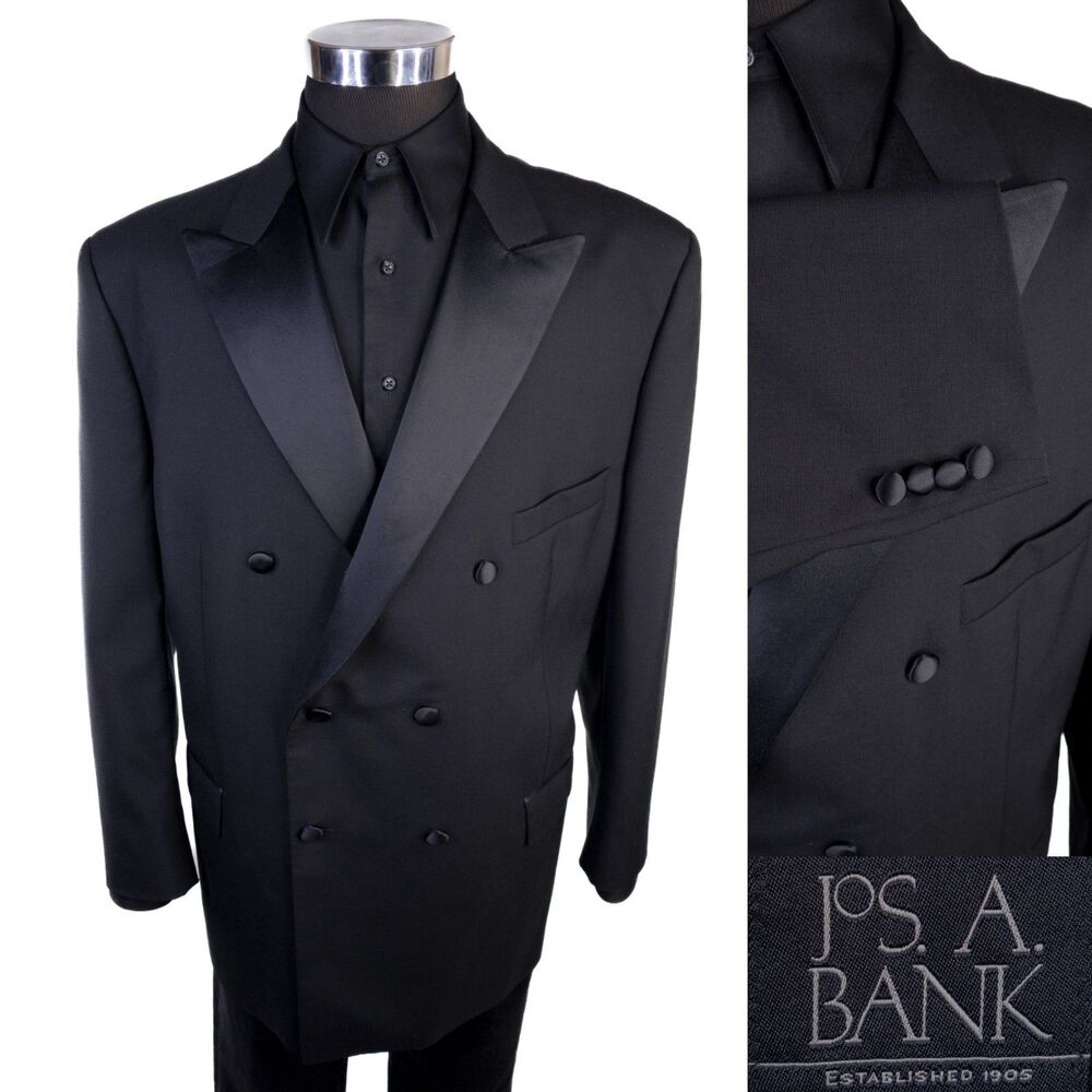 Jos. A. Bank Black Double Breasted Wool Dinner Tuxedo Jacket 48R Solid Black